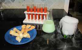 halloween lunch test tubes with blood soup, bread bones and molded milk